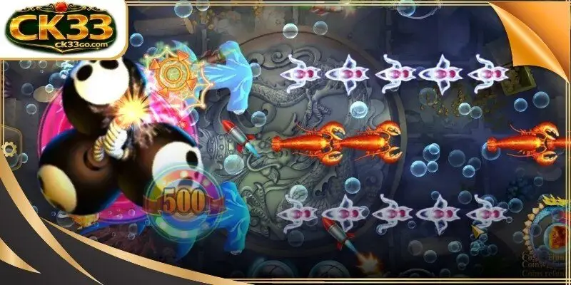 A vibrant underwater interface featuring high-tech cannons and exotic fish